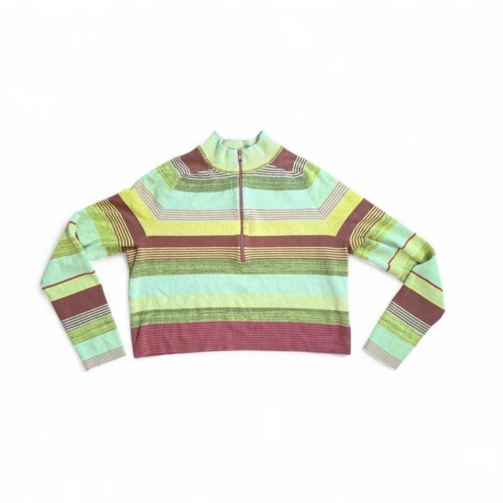 Free People Rip Tide Crop Quarter-Zip Sweater Green Yellow Striped Ribbed Large